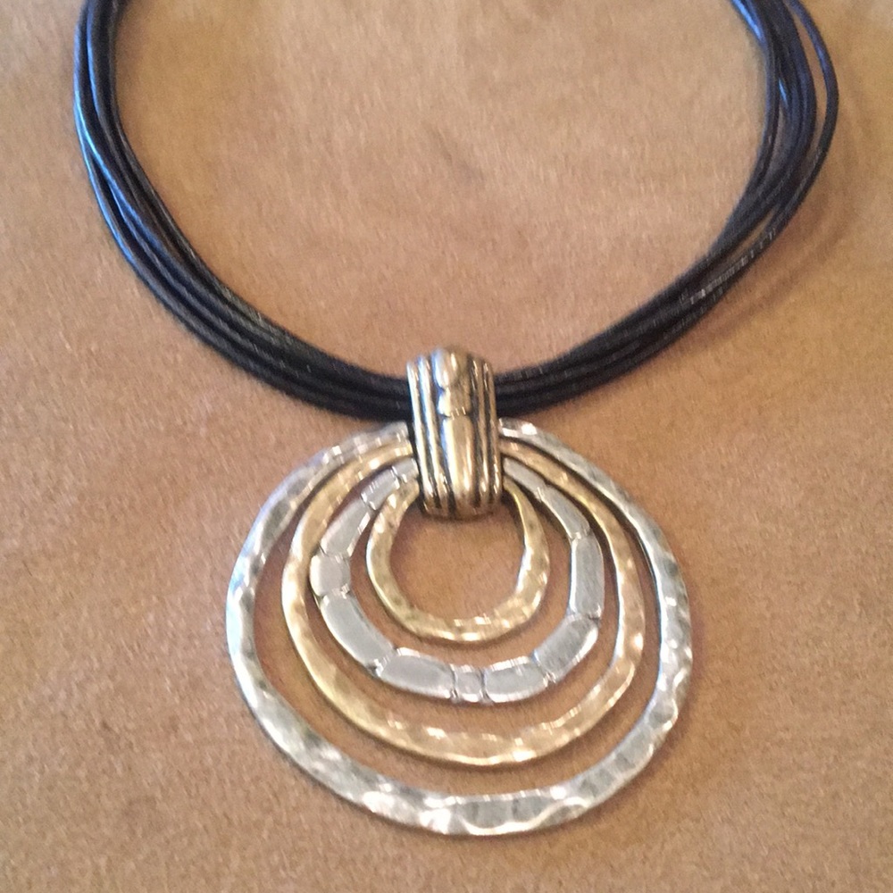 Black necklace w/ gold & silver circles - Picture 1 of 4